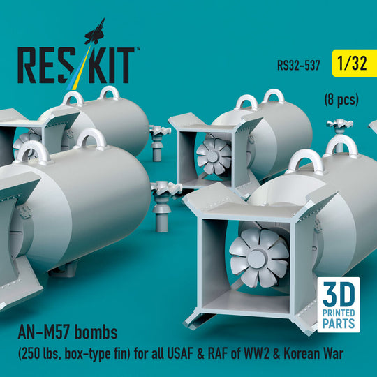 AN-M57 bombs (250 lbs, box-type fin) for all USAF & RAF of WW2 & Korean War (8 pcs) (3D Printed)