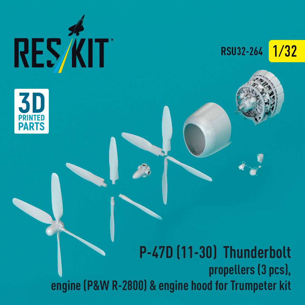 P-47D (11-30) Thunderbolt propellers (3 pcs), engine (P&W R-2800) & engine hood (3D Printed) for Trumpeter