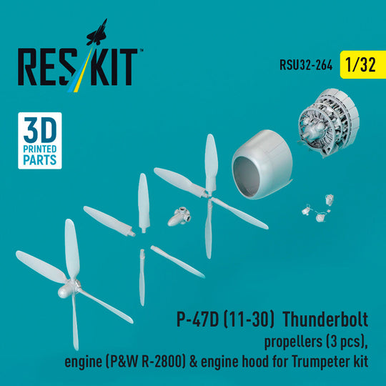 P-47D (11-30) Thunderbolt propellers (3 pcs), engine (P&W R-2800) & engine hood (3D Printed) for Trumpeter