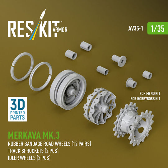 Merkava Mk.3 rubber bandage road wheels (12 pairs), track sprockets (2 pcs), idler wheels (2 pcs) for Meng/HobbyBoss kit (3D Printed)