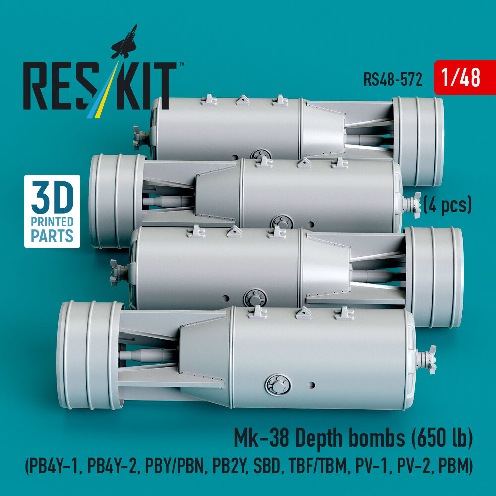 Mk-38 Depth bombs (650 lb) (4 pcs) (PB4Y-1, PB4Y-2, PBY/PBN, PB2Y, SBD, TBF/TBM, PV-1, PV-2, PBM) (3D Printed)