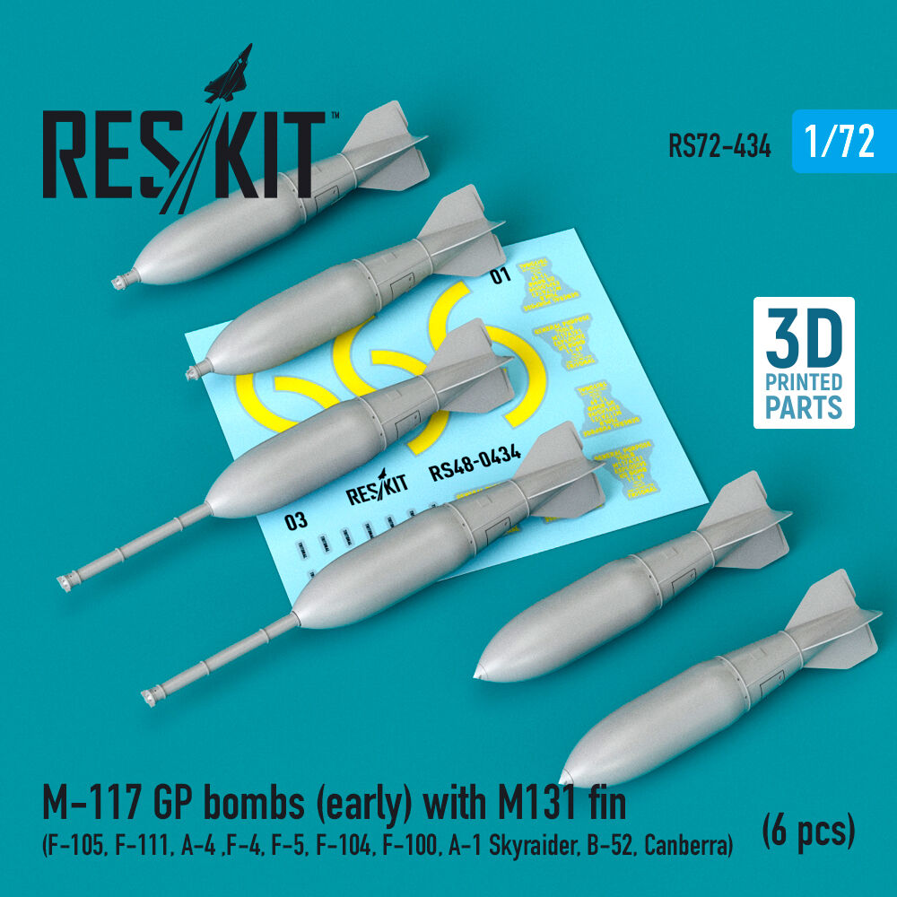 M-117 GP bombs (early) with M131 fin (6 pcs) (F-105, F-111, A-4 ,F-4, F-5, F-104, F-100, A-1 Skyraider, B-52, Canberra) (3D Printed)