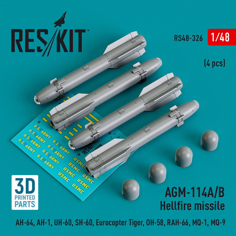 AGM-114A/B Hellfire missiles (4 pcs) (AH-64, AH-1, UH-60, SH-60, Eurocopter Tiger, OH-58, RAH-66, MQ-1, MQ-9) (3D Printed)
