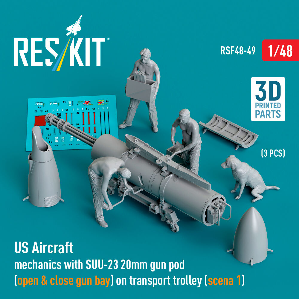 US Aircraft mechanics with SUU-23 20mm gun pod (open & close gun bay) on transport trolley (scene 1) (3 pcs) (3D Printed)