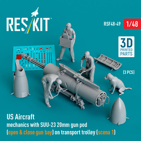 US Aircraft mechanics with SUU-23 20mm gun pod (open & close gun bay) on transport trolley (scene 1) (3 pcs) (3D Printed)