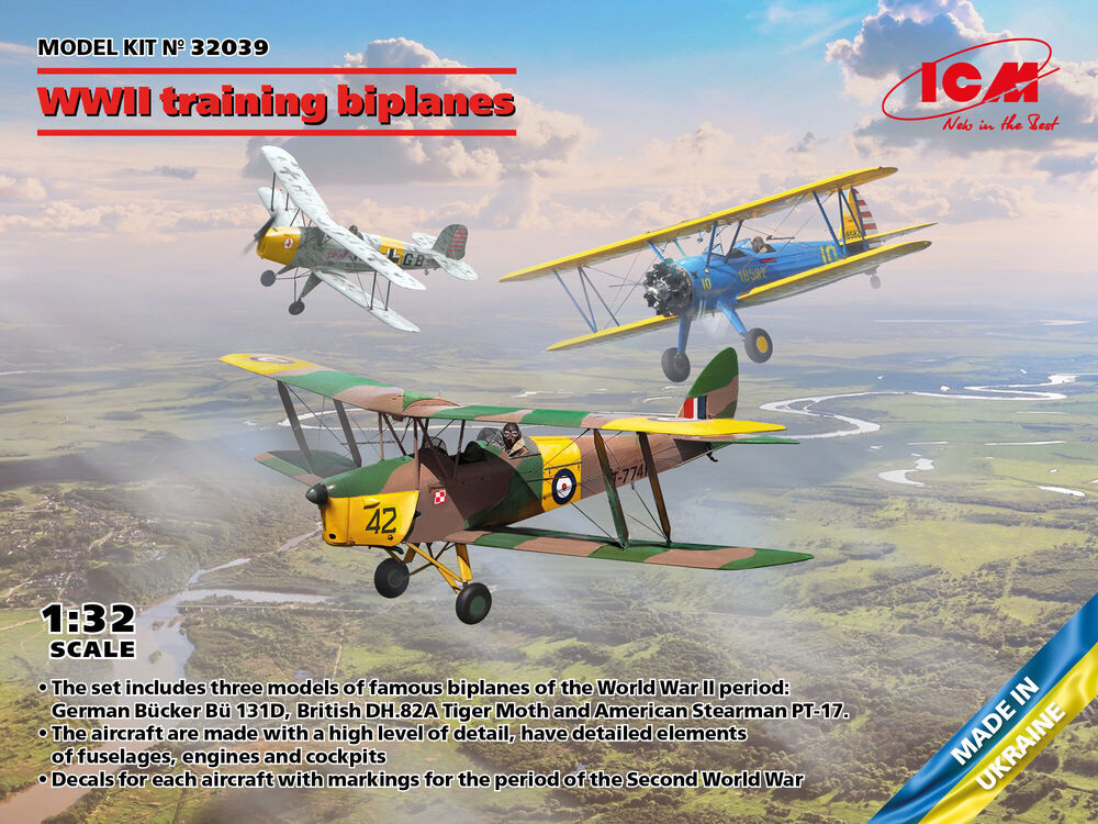 WWII training biplanes (Bücker Bü 131D, DH.82A Tiger Moth, Stearman PT-17)