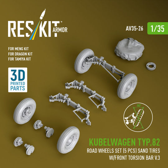 Kubelwagen typ.82 road wheels set (5 pcs) sand tires w/front torsion bar V.3 (3D Printed) for Meng / Dragon / Tamiya