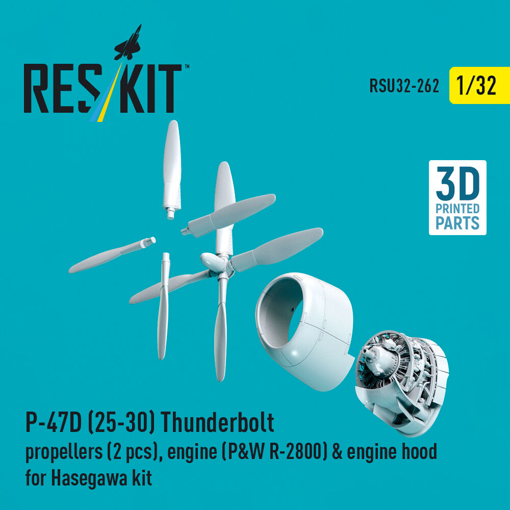 P-47D (25-30) Thunderbolt propellers (2 pcs), engine (P&W R-2800) & engine hood (3D Printed) for Hasegawa