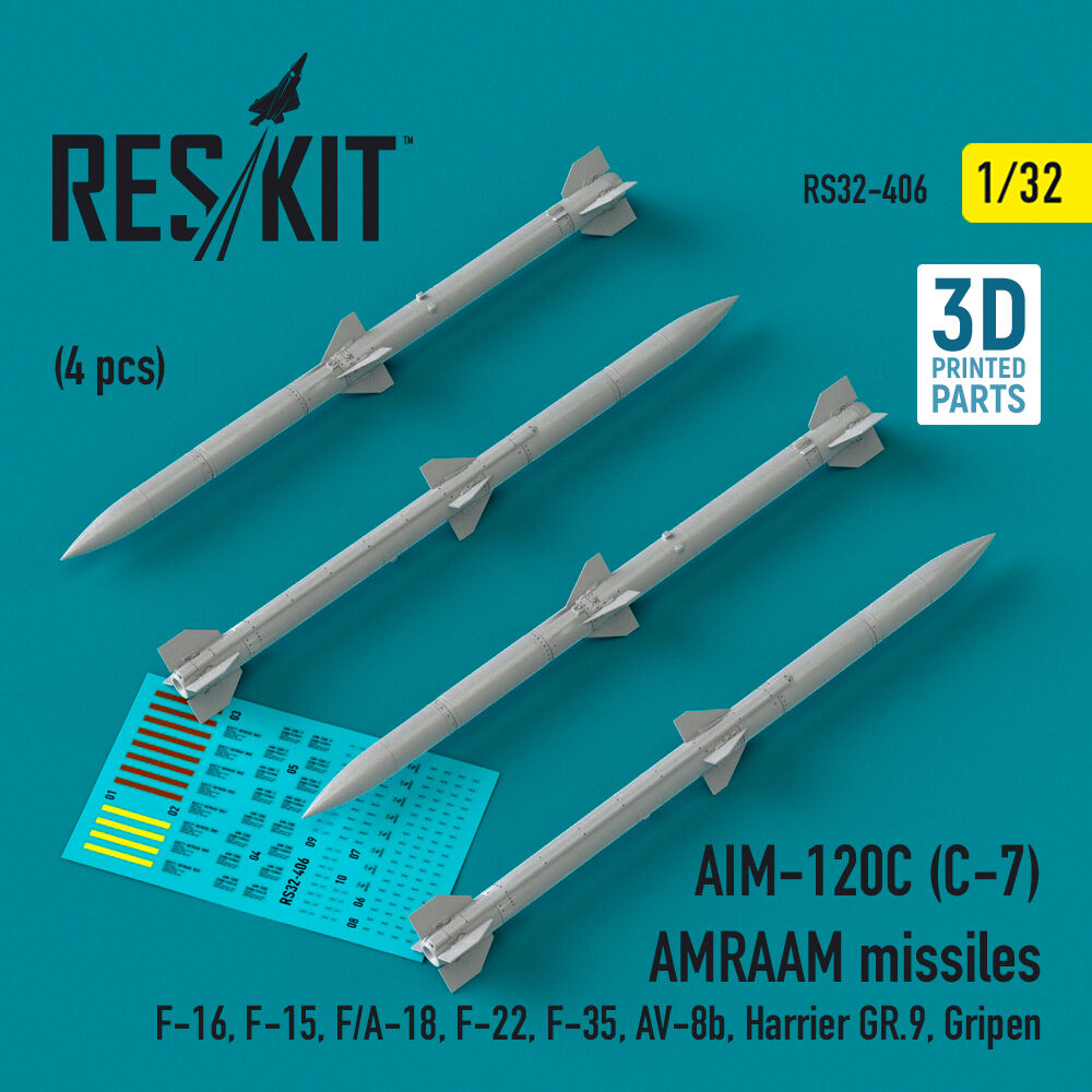 AIM-120C (C-7) AMRAAM missiles (4 pcs) (F-16, F-15, F/A-18, F-22, F-35, AV-8b, Harrier GR.9, Gripen) (3D Printed)