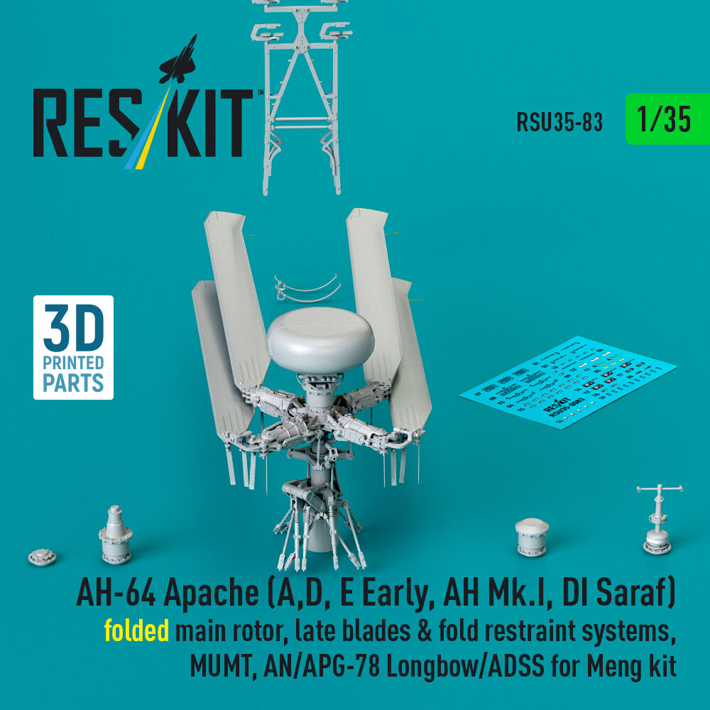 AH-64 Apache (A,D, E Early, AH Mk.I, DI Saraf) folded main rotor, late blades & fold restraint systems, MUMT, AN/APG-78 Longbow/ADSS for Meng kit (3D Printed)