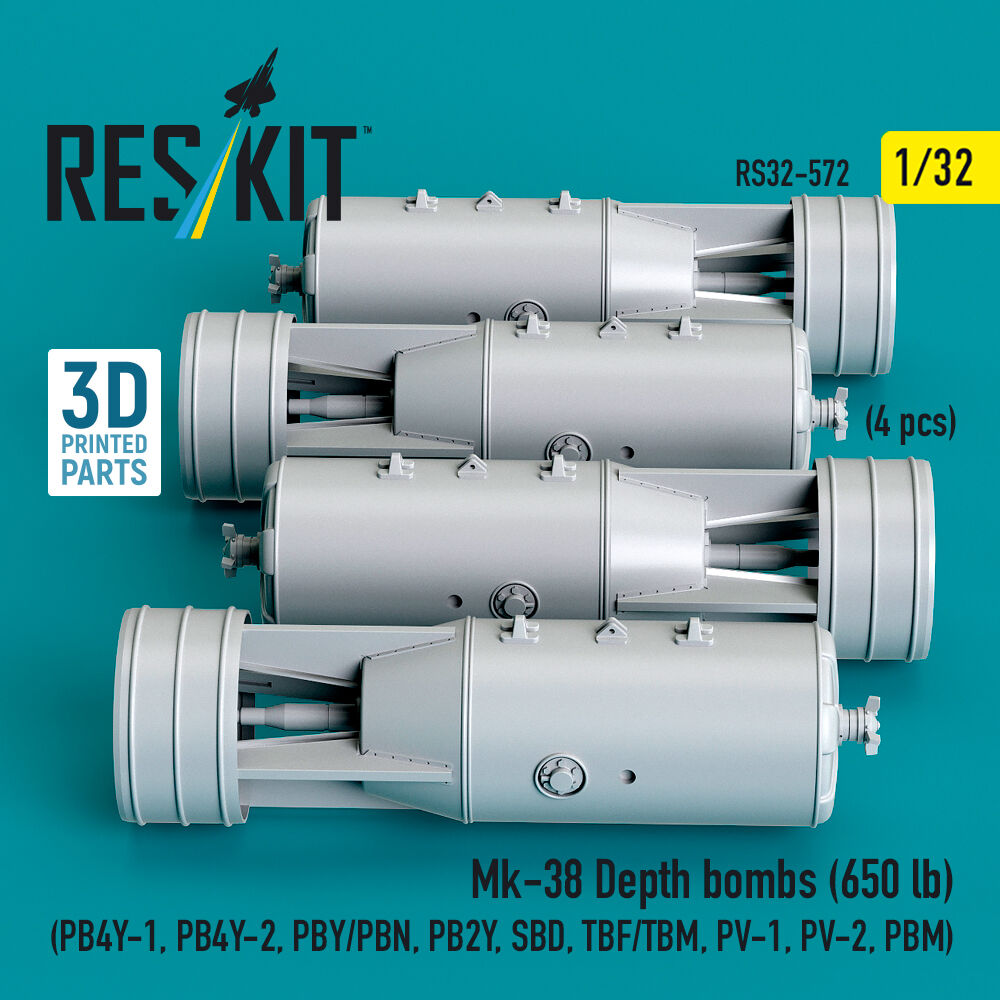 Mk-38 Depth bombs (650 lb) (4 pcs) (PB4Y-1, PB4Y-2, PBY/PBN, PB2Y, SBD, TBF/TBM, PV-1, PV-2, PBM) (3D Printed)