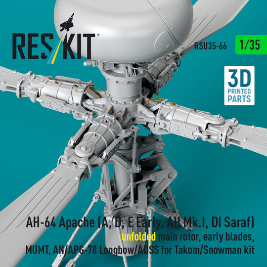 AH-64 Apache (A, D, E Early, AH Mk.I, DI Saraf) unfolded main rotor, early blades, MUMT, AN/APG-78 Longbow/ADSS for Takom/Snowman kit (3D Printed)