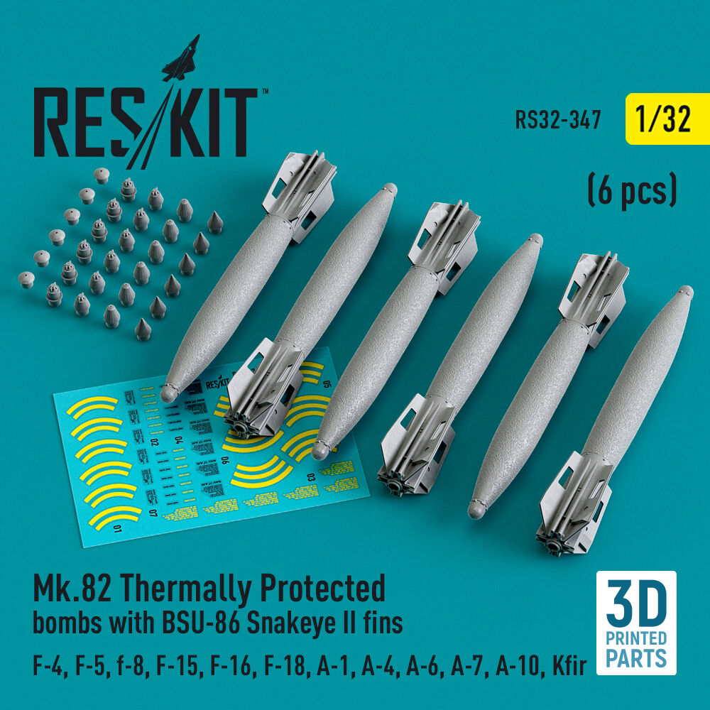 Mk.82 thermally protected bombs with BSU-86 Snakeye II fins (6 pcs) (F-4, F-5, F-8, F-15, F-16, F-18, A-1, A-4, A-6, A-7, A-10, Kfir) (3D Printed)