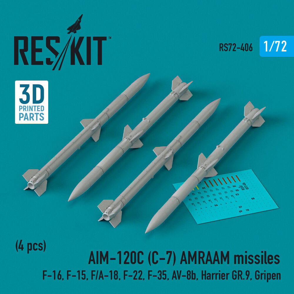 AIM-120C (C-7) AMRAAM missiles (4 pcs) (F-16, F-15, F/A-18, F-22, F-35, AV-8b, Harrier GR.9, Gripen) (3D Printed)