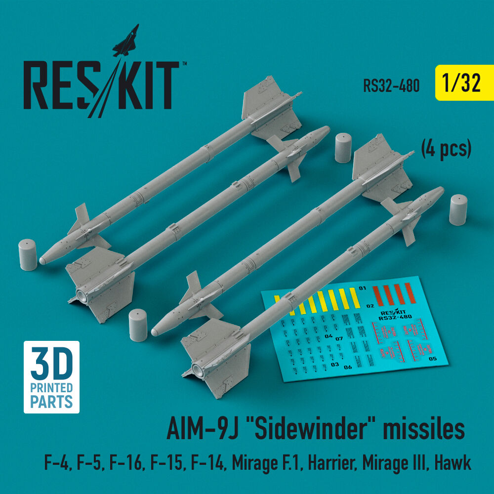 AIM-9J Sidewinder missiles (4 pcs) (F-4, F-5, F-16, F-15, F-14, Mirage F.1, Harrier, Mirage III, Hawk) (3D Printed)