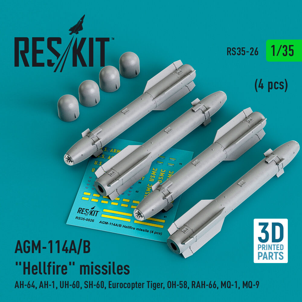 AGM-114A/B Hellfire missiles (4 pcs) (AH-64, AH-1, UH-60, SH-60, Eurocopter Tiger, OH-58, RAH-66, MQ-1, MQ-9) (3D Printed)