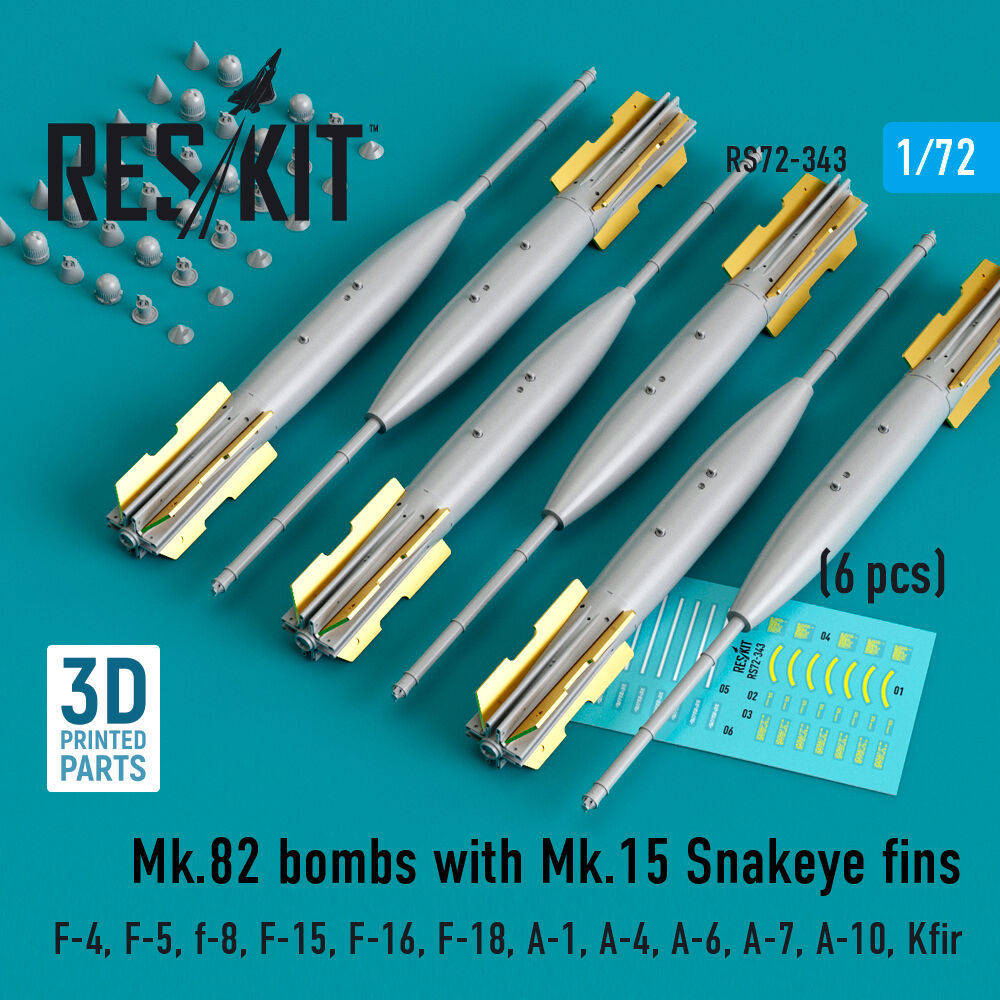 Mk.82 bombs with Mk.15 Snakeye fins (6 pcs) (F-4, F-5, F-8, F-15, F-16, F-18, A-1, A-4, A-6, A-7, A-10, Kfir) (3D Printed)