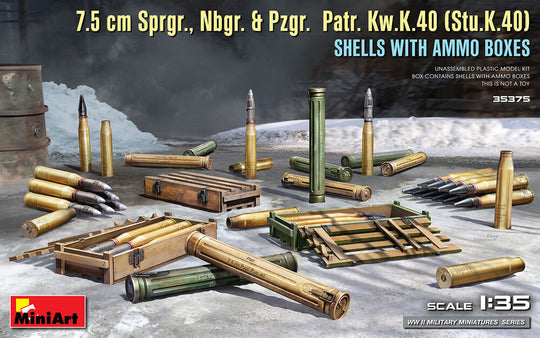 7.5 cm Sprgr., Nbgr. & Pzgr.  Patr. Kw.K.40 (Stu.K.40)  Shells with Ammo Boxes