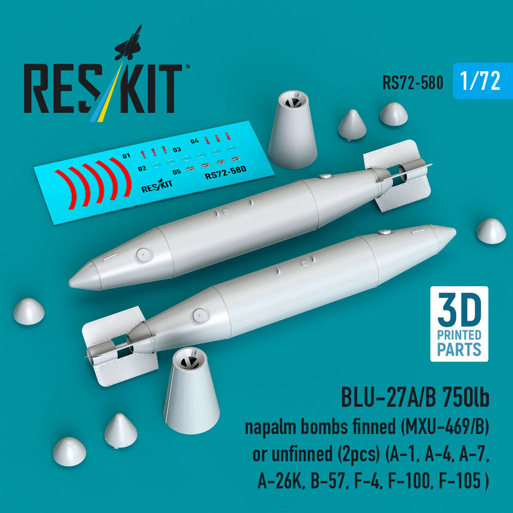 BLU-27A/B 750lb napalm bombs finned (MXU-469/B) or unfinned (2pcs) (A-1, A-4, A-7, A-26K, B-57, F-4, F-100, F-105 ) (3D Printed)