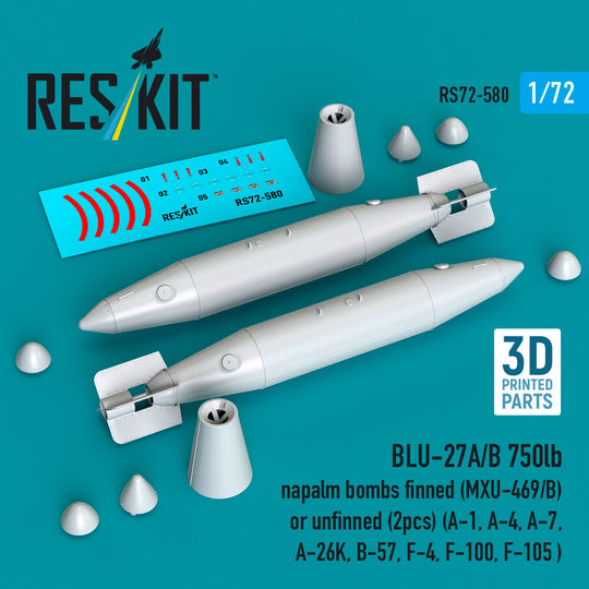 BLU-27A/B 750lb napalm bombs finned (MXU-469/B) or unfinned (2pcs) (A-1, A-4, A-7, A-26K, B-57, F-4, F-100, F-105 ) (3D Printed)