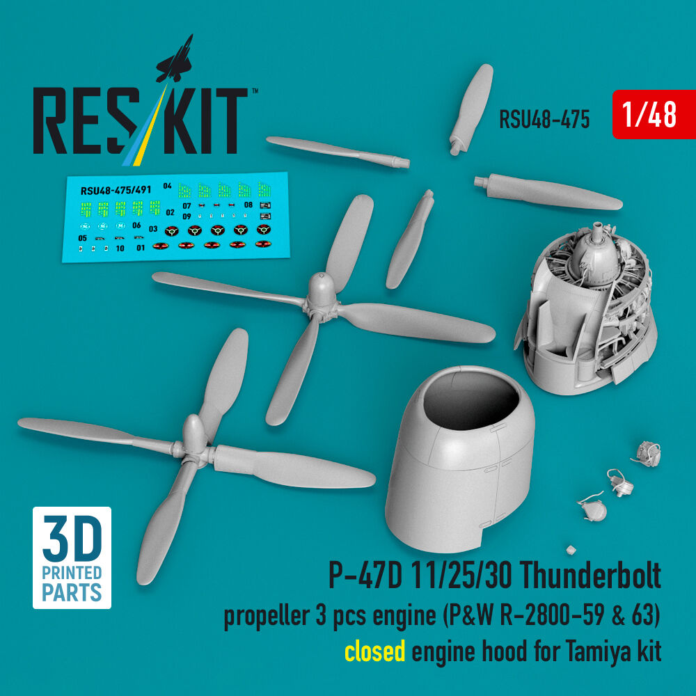 P-47D 11/25/30 Thunderbolt propeller (3 pcs), engine (P&W R-2800-59 & 63) closed engine hood for Tamiya kit (3D Printed)