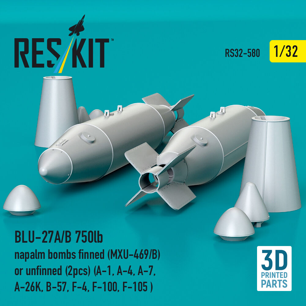 BLU-27A/B 750lb napalm bombs finned (MXU-469/B) or unfinned (2 pcs) (A-1, A-4, A-7, A-26K, B-57, F-4, F-100, F-105 ) (3D Printed)