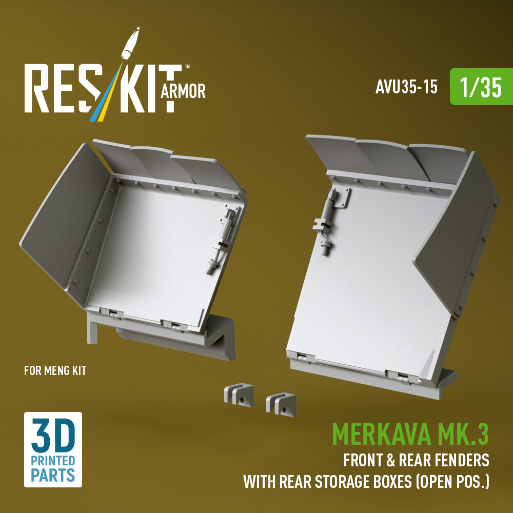 Merkava Mk.3 front & rear fenders with rear storage boxes (open pos.) for Meng kit (3D Printed)