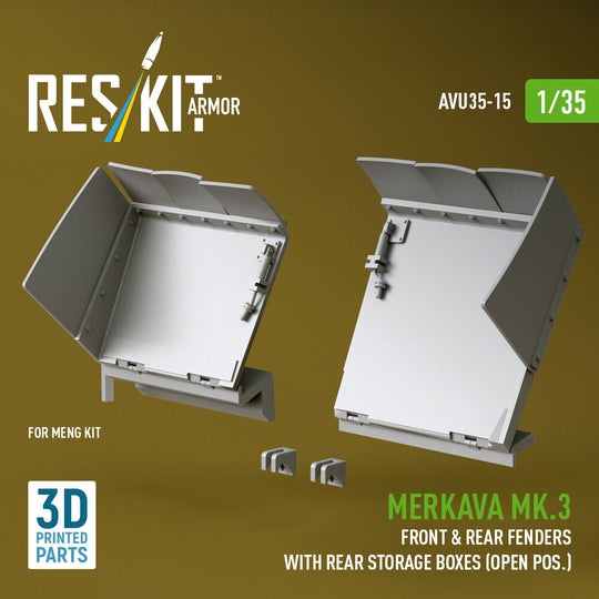 Merkava Mk.3 front & rear fenders with rear storage boxes (open pos.) for Meng kit (3D Printed)