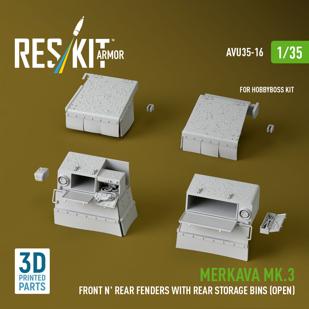 Merkava Mk.3 Front n' Rear fenders with Rear stowage bins (open) (3D Printed) for Hobby Boss