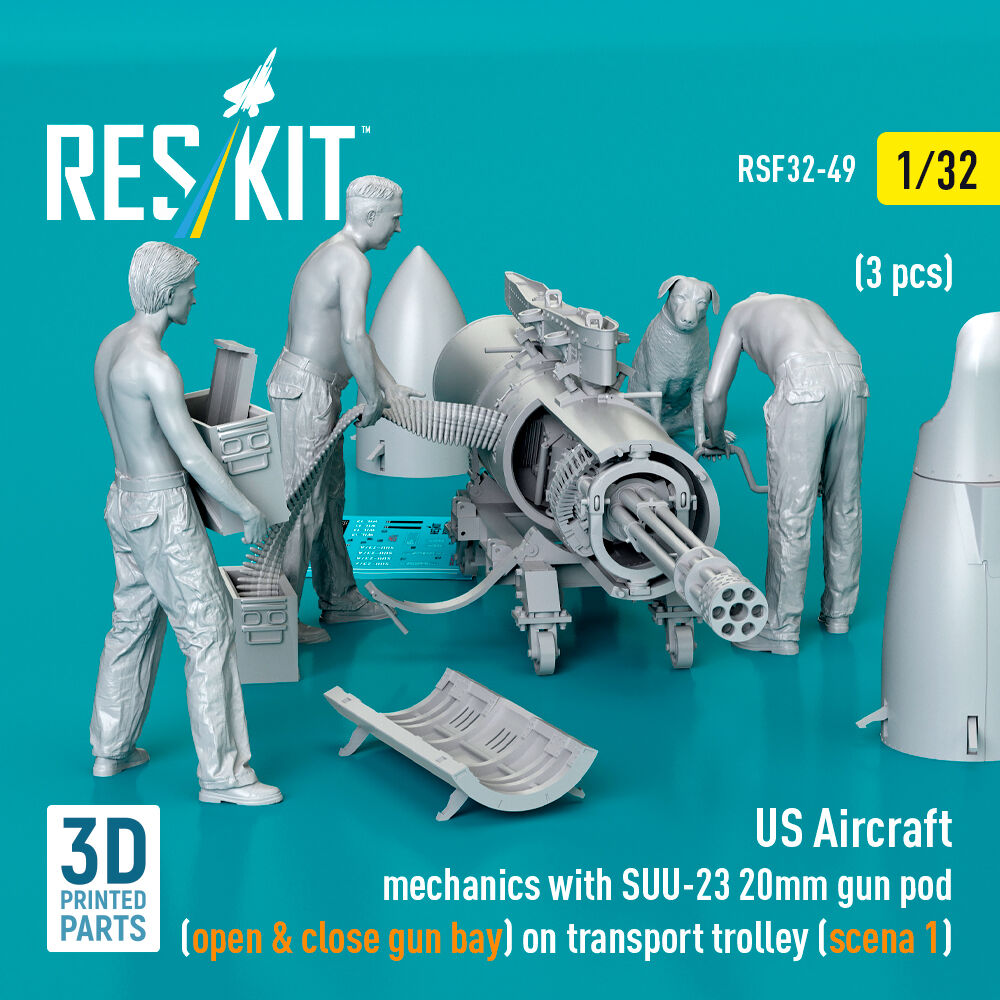 US Aircraft mechanics with SUU-23 20mm gun pod (open & close gun bay) on transport trolley (scene 1) (3 pcs) (3D Printed)
