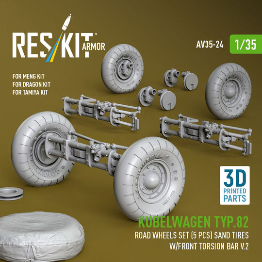 Kubelwagen typ.82 road wheels set (5 pcs) sand tires w/front torsion bar V.2 (3D Printed) for Meng / Dragon / Tamiya