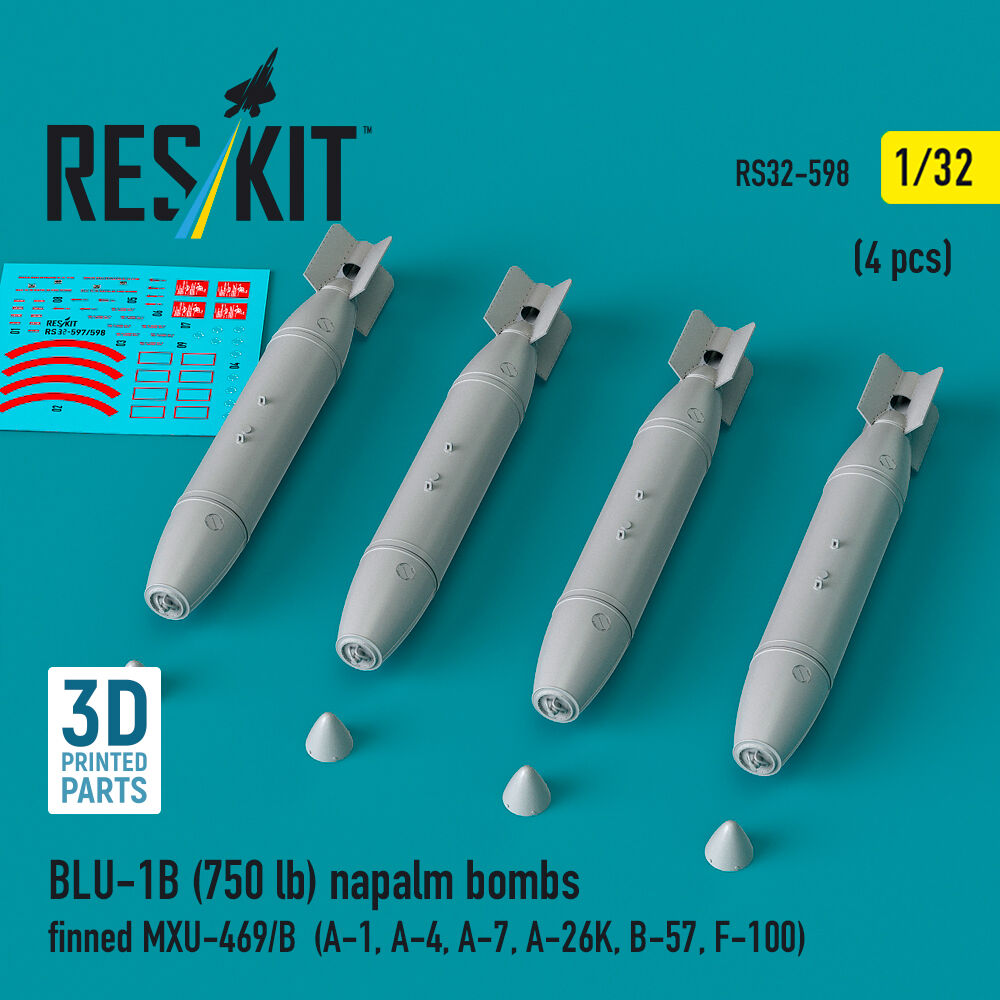 BLU-1B (750 lb) napalm bombs finned MXU-469/B (4 pcs) (A-1, A-4, A-7, A-26K, B-57, F-100) (3D Printed)