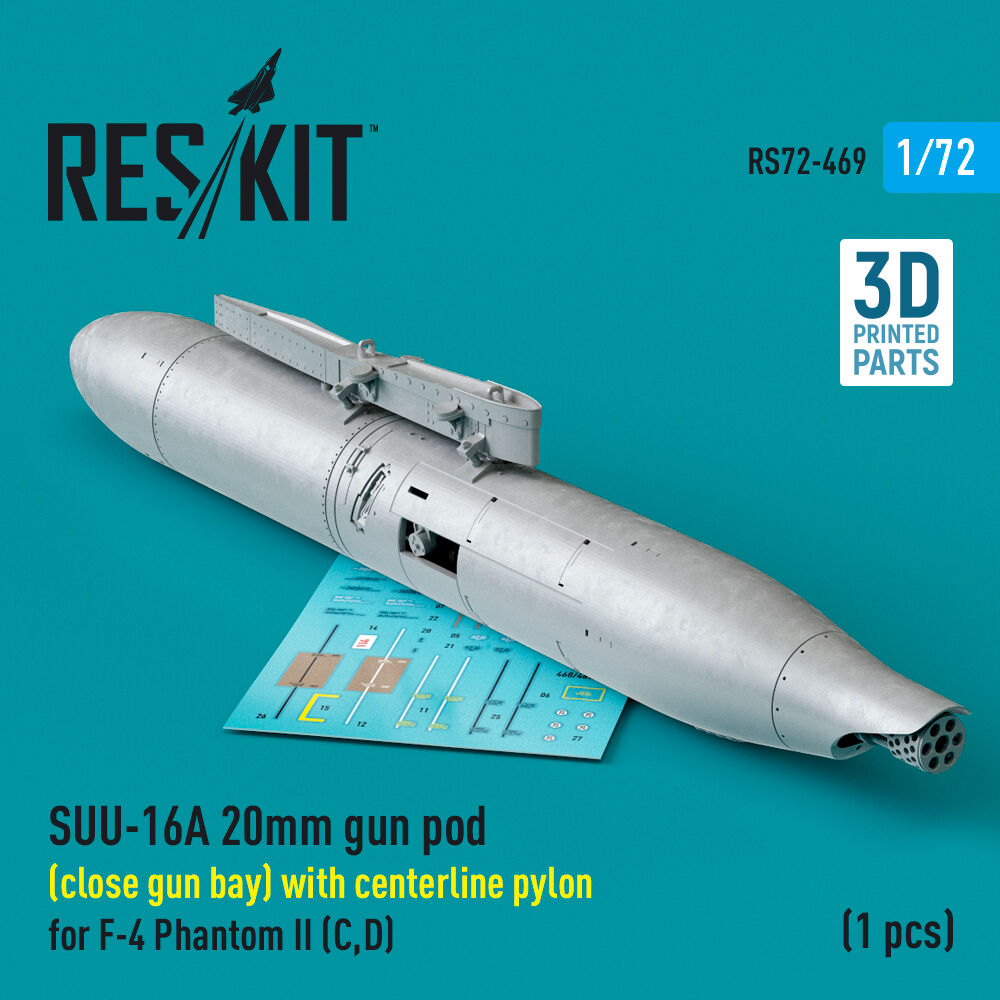 SUU-16A 20mm gun pod (close gun bay) with centerline pylon for F-4 Phantom II (C,D) (1 pcs) (3D Printed)