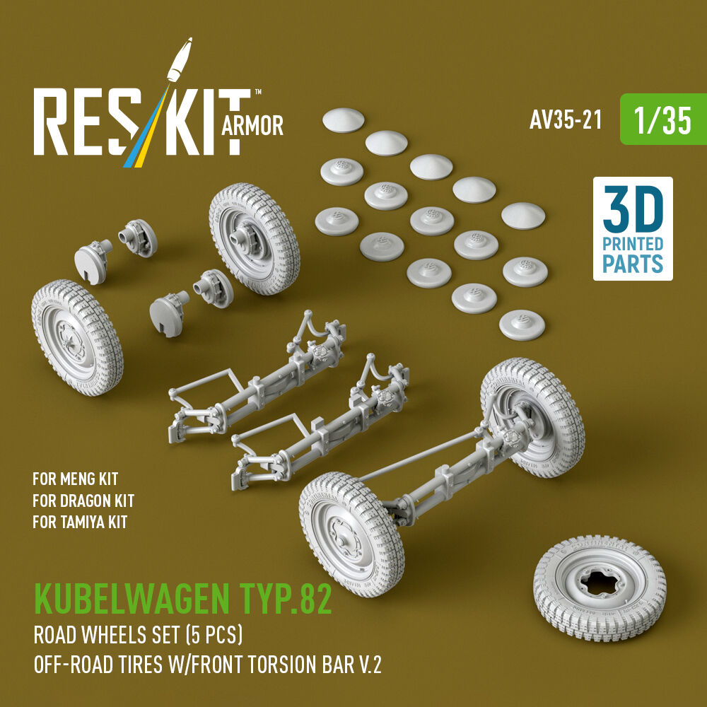 Kubelwagen typ.82 road wheels set (5 pcs) off-road tires w/front torsion bar V.2 (3D Printed) for Meng / Dragon / Tamiya