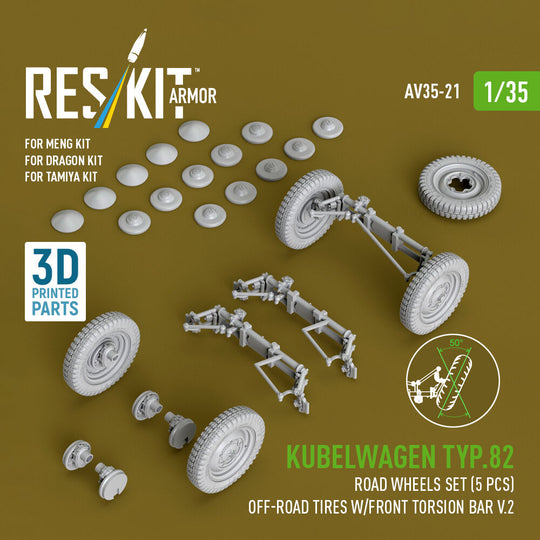 Kubelwagen typ.82 road wheels set (5 pcs) off-road tires w/front torsion bar V.2 (3D Printed) for Meng / Dragon / Tamiya