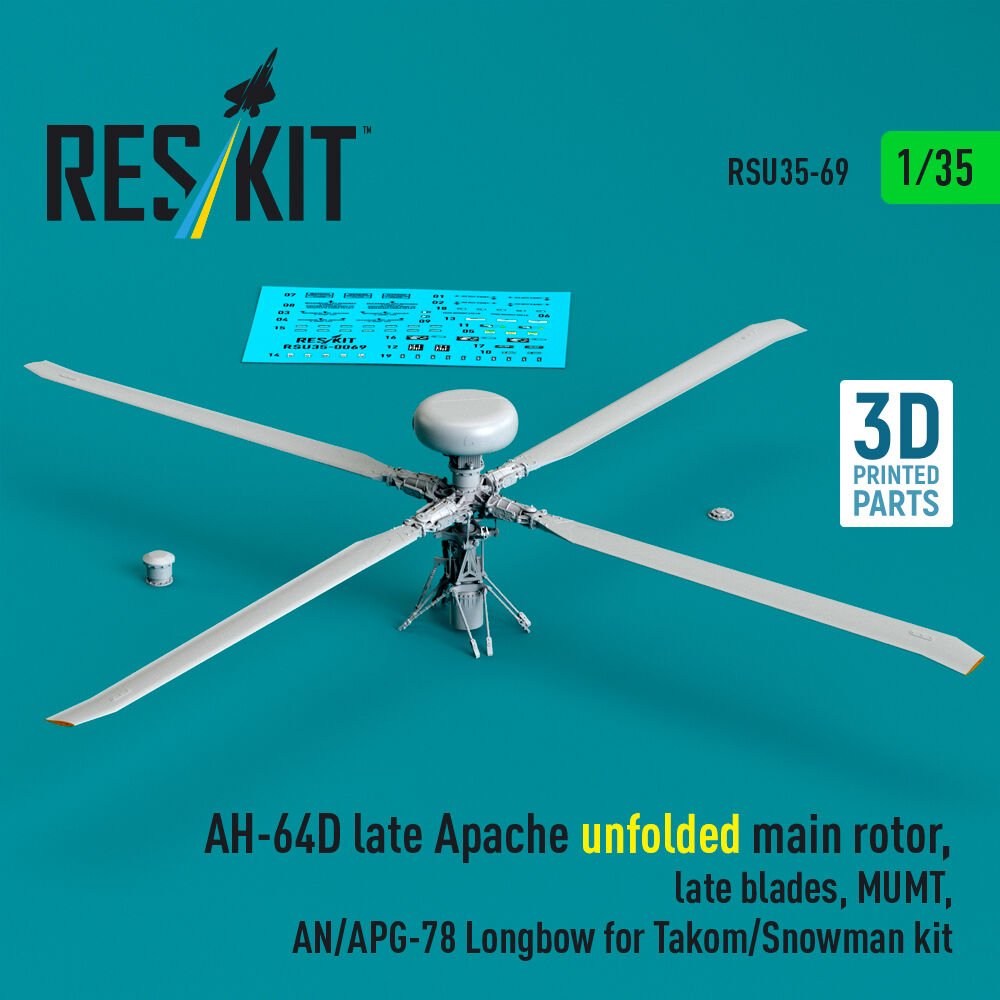 AH-64D late Apache unfolded main rotor, late blades, MUMT, AN/APG-78 Longbow for Takom/Snowman kit (3D Printed)