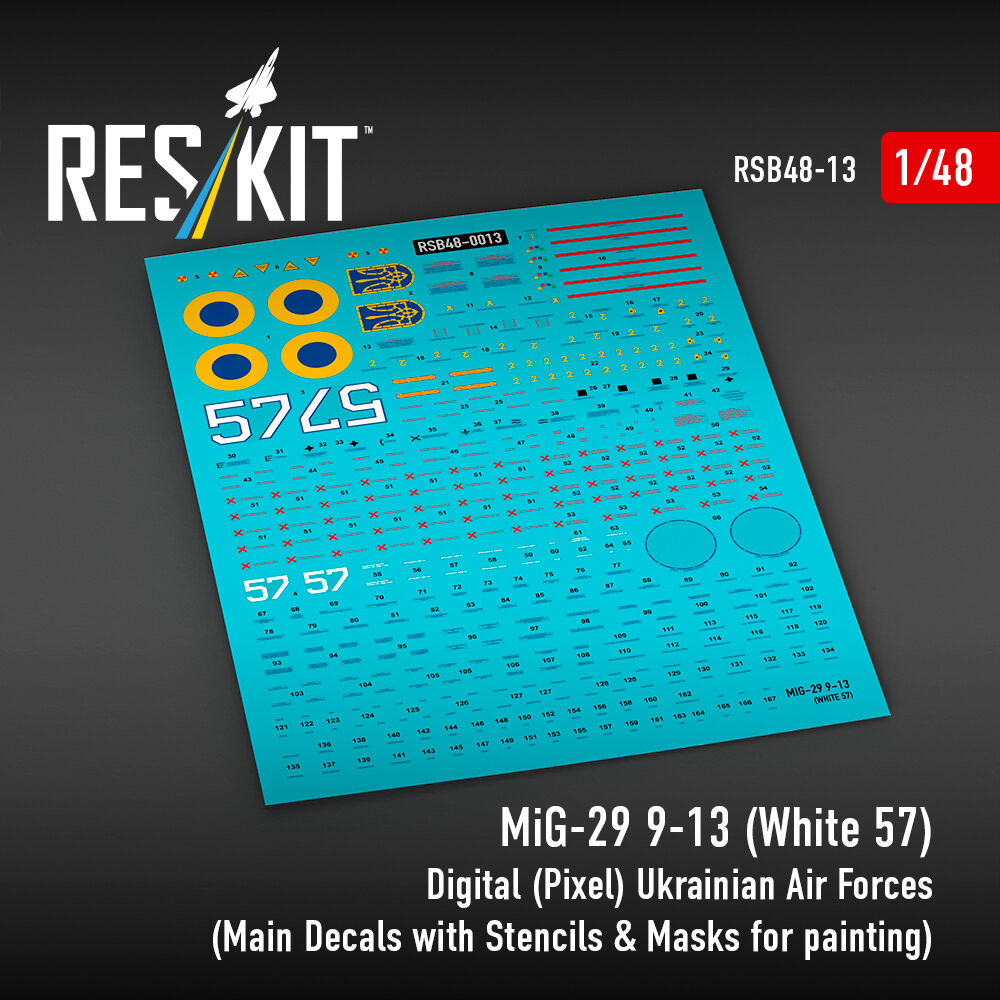 MiG-29 9-13 (White 57) Digital (Pixel) Ukrainian Air Forces (Main Decals with Stencils & Masks for painting 4 pcs)