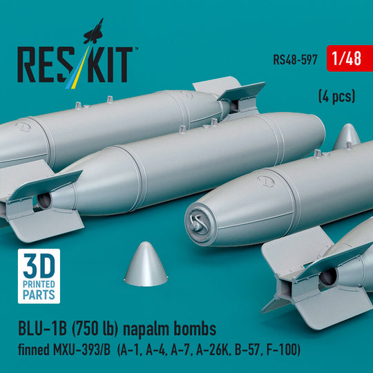 BLU-1B (750 lb) napalm bombs finned MXU-393/B (4 pcs) (A-1, A-4, A-7, A-26K, B-57, F-100) (3D Printed)