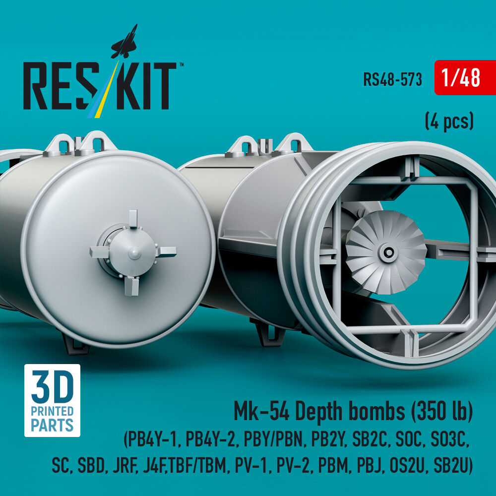 Mk-54 Depth bombs (350 lb) (4 pcs) (PB4Y-1, PB4Y-2, PBY/PBN, PB2Y, SB2C, SOC, SO3C, SC, SBD, JRF, J4F, TBF/TBM, PV-1, PV-2, PBM, PBJ, OS2U, SB2U) (3D Printed)