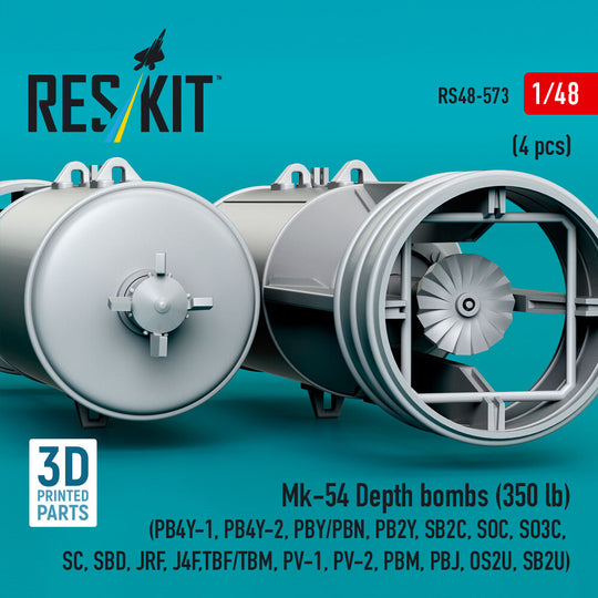 Mk-54 Depth bombs (350 lb) (4 pcs) (PB4Y-1, PB4Y-2, PBY/PBN, PB2Y, SB2C, SOC, SO3C, SC, SBD, JRF, J4F, TBF/TBM, PV-1, PV-2, PBM, PBJ, OS2U, SB2U) (3D Printed)