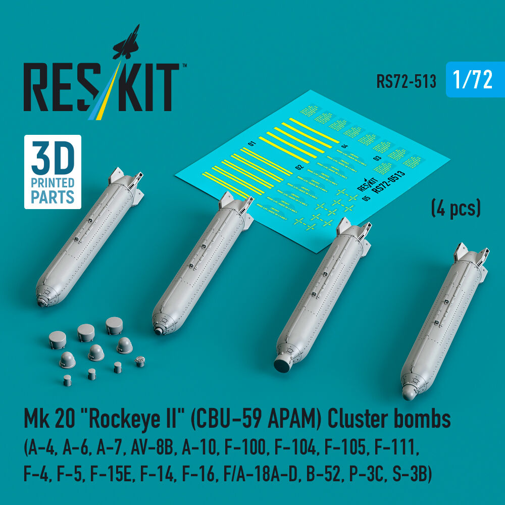 Mk 20 Rockeye II (CBU-59 APAM) Cluster bombs (A-4, A-6, A-7, AV-8B, A-10, F-100, F-104, F-105, F-111, F-4, F-5, F-15E, F-14, F-16, F/A-18A-D, B-52, P-3C, S-3B) (4 pcs) (3D Printed)