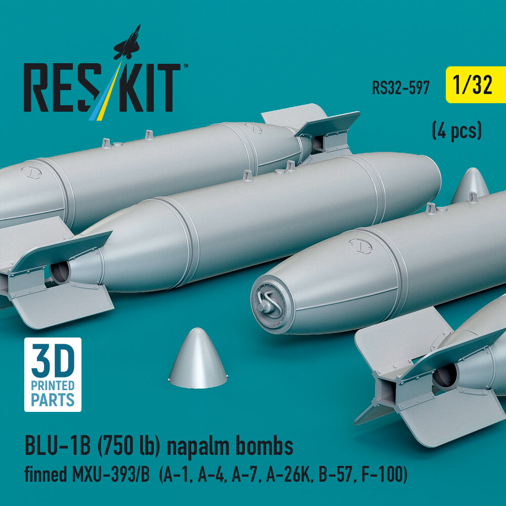 BLU-1B (750 lb) napalm bombs finned MXU-393/B (4 pcs) (A-1, A-4, A-7, A-26K, B-57, F-100) (3D Printed)