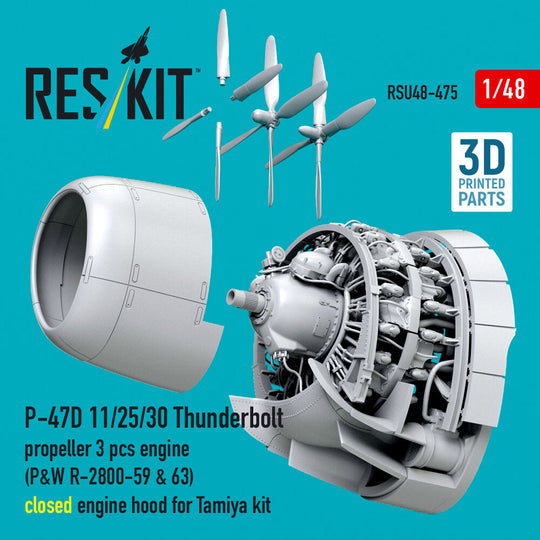 P-47D 11/25/30 Thunderbolt propeller (3 pcs), engine (P&W R-2800-59 & 63) closed engine hood for Tamiya kit (3D Printed)