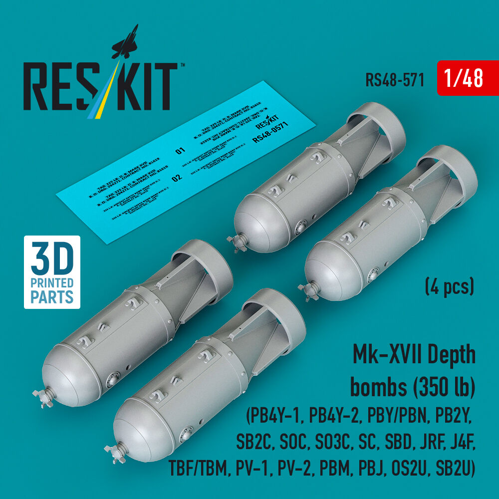 Mk-XVII Depth bombs (350 lb) (4 pcs) (PB4Y-1, PB4Y-2, PBY/PBN, PB2Y, SB2C, SOC, SO3C, SC, SBD, JRF, J4F, TBF/TBM, PV-1, PV-2, PBM, PBJ, OS2U, SB2U ) (3D Printed)