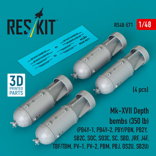 Mk-XVII Depth bombs (350 lb) (4 pcs) (PB4Y-1, PB4Y-2, PBY/PBN, PB2Y, SB2C, SOC, SO3C, SC, SBD, JRF, J4F, TBF/TBM, PV-1, PV-2, PBM, PBJ, OS2U, SB2U ) (3D Printed)