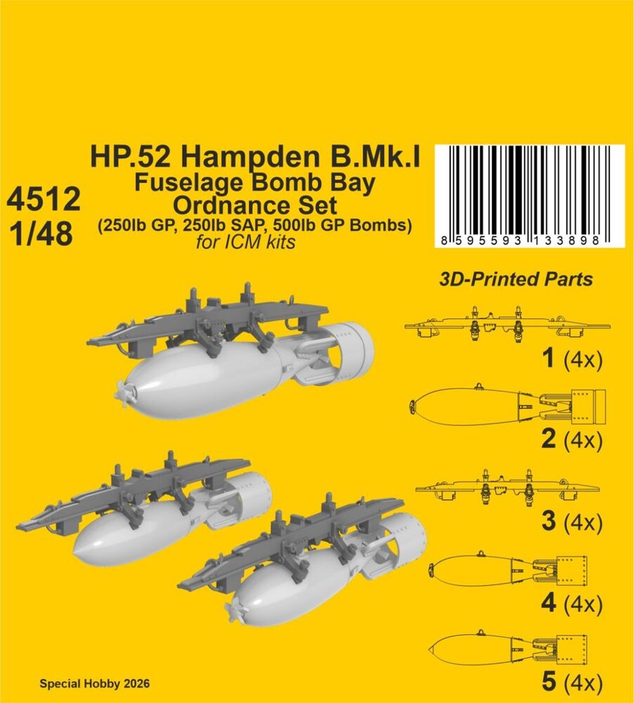 HP.52 Hampden B.Mk.I - Fuselage Bomb Bay Ordnance Set for ICM