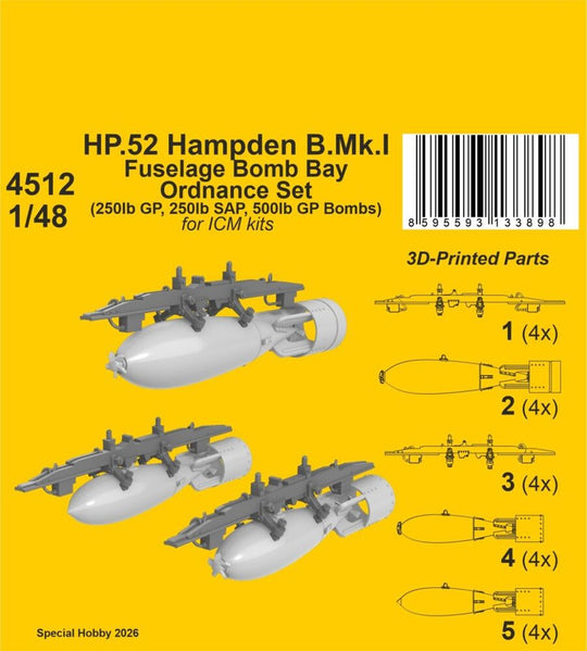 HP.52 Hampden B.Mk.I - Fuselage Bomb Bay Ordnance Set for ICM