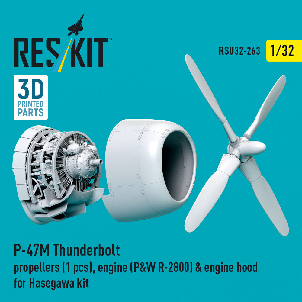 P-47M Thunderbolt propeller (1 pcs), engine (P&W R-2800) & engine hood (3D Printed) for Hasegawa