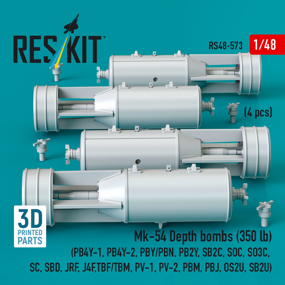Mk-54 Depth bombs (350 lb) (4 pcs) (PB4Y-1, PB4Y-2, PBY/PBN, PB2Y, SB2C, SOC, SO3C, SC, SBD, JRF, J4F, TBF/TBM, PV-1, PV-2, PBM, PBJ, OS2U, SB2U) (3D Printed)