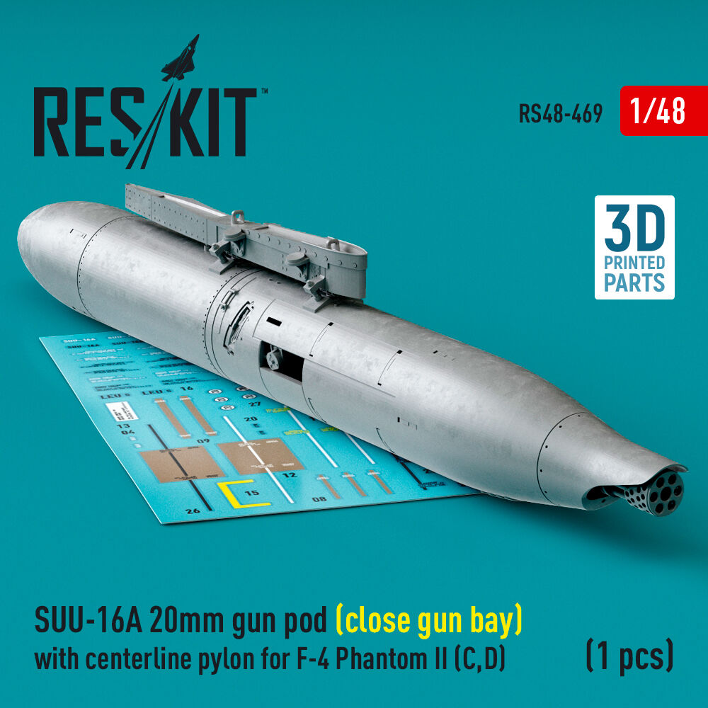 SUU-16A 20mm gun pod (close gun bay) with centerline pylon for F-4 Phantom II (C,D) (1 pcs) (3D Printed)